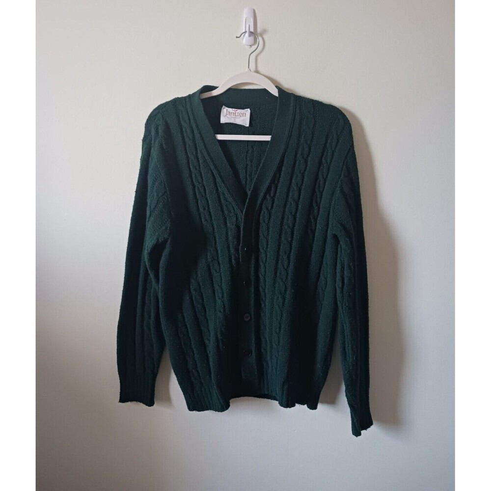 Vintage‎ Jantzen Mens Wool Blend Cardigan Sweater Green Grandpa Y2K Size L